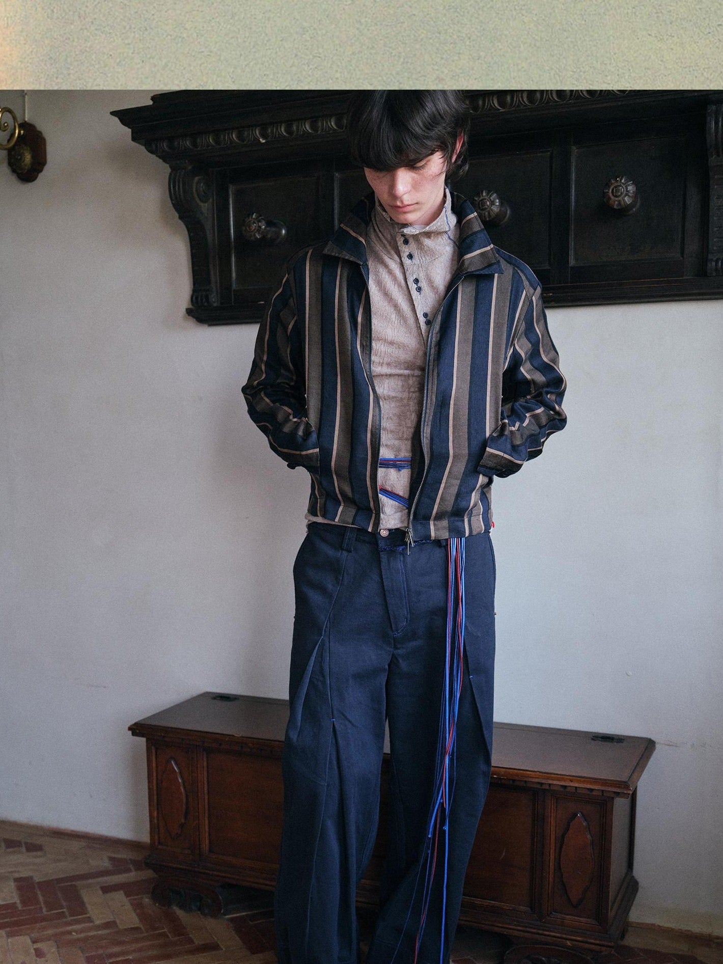 soknot Deep Lake Blue Slanted Button Placket Loose Men's Cotton Straight-leg Pants