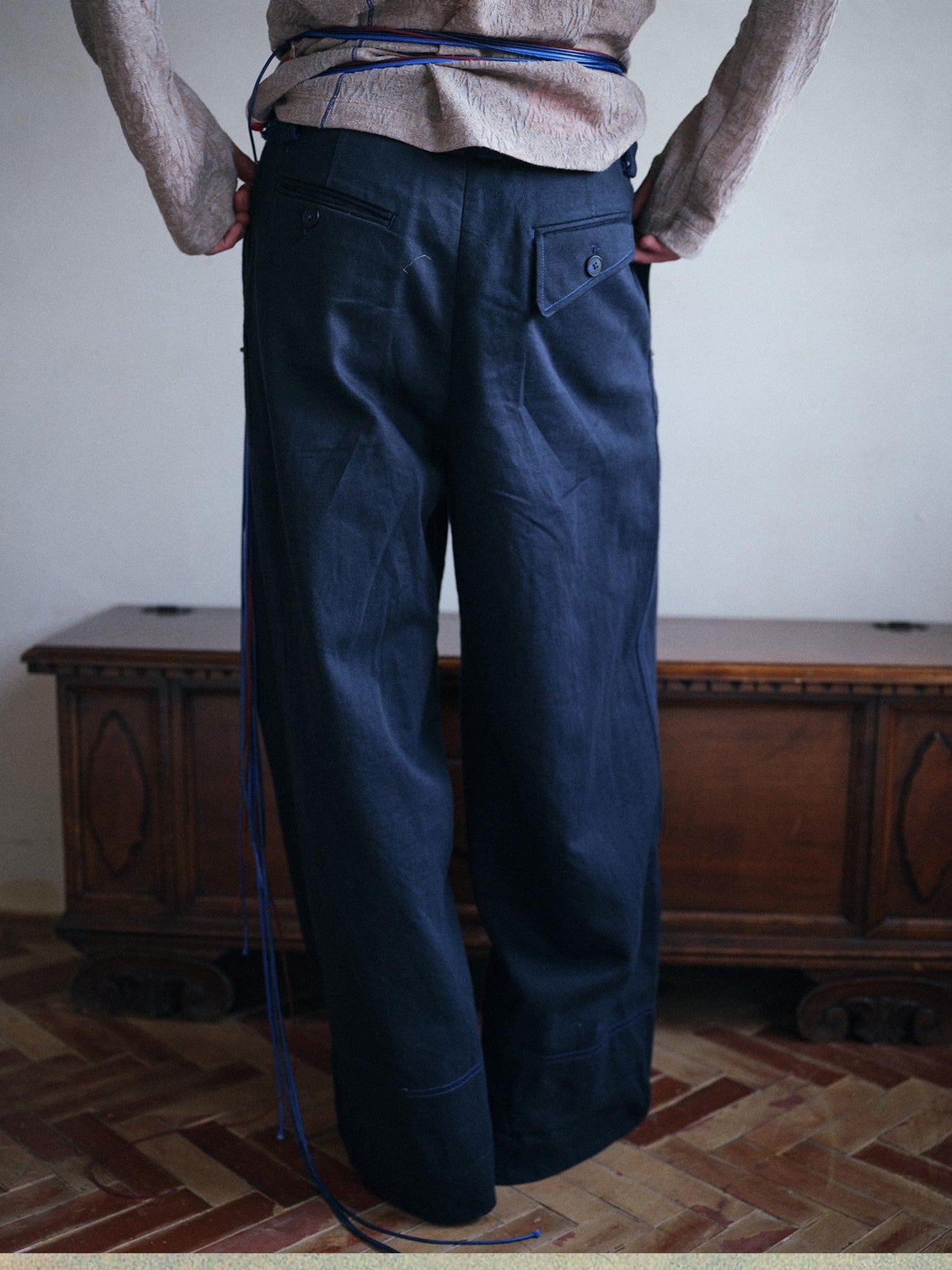 soknot Deep Lake Blue Slanted Button Placket Loose Men's Cotton Straight-leg Pants