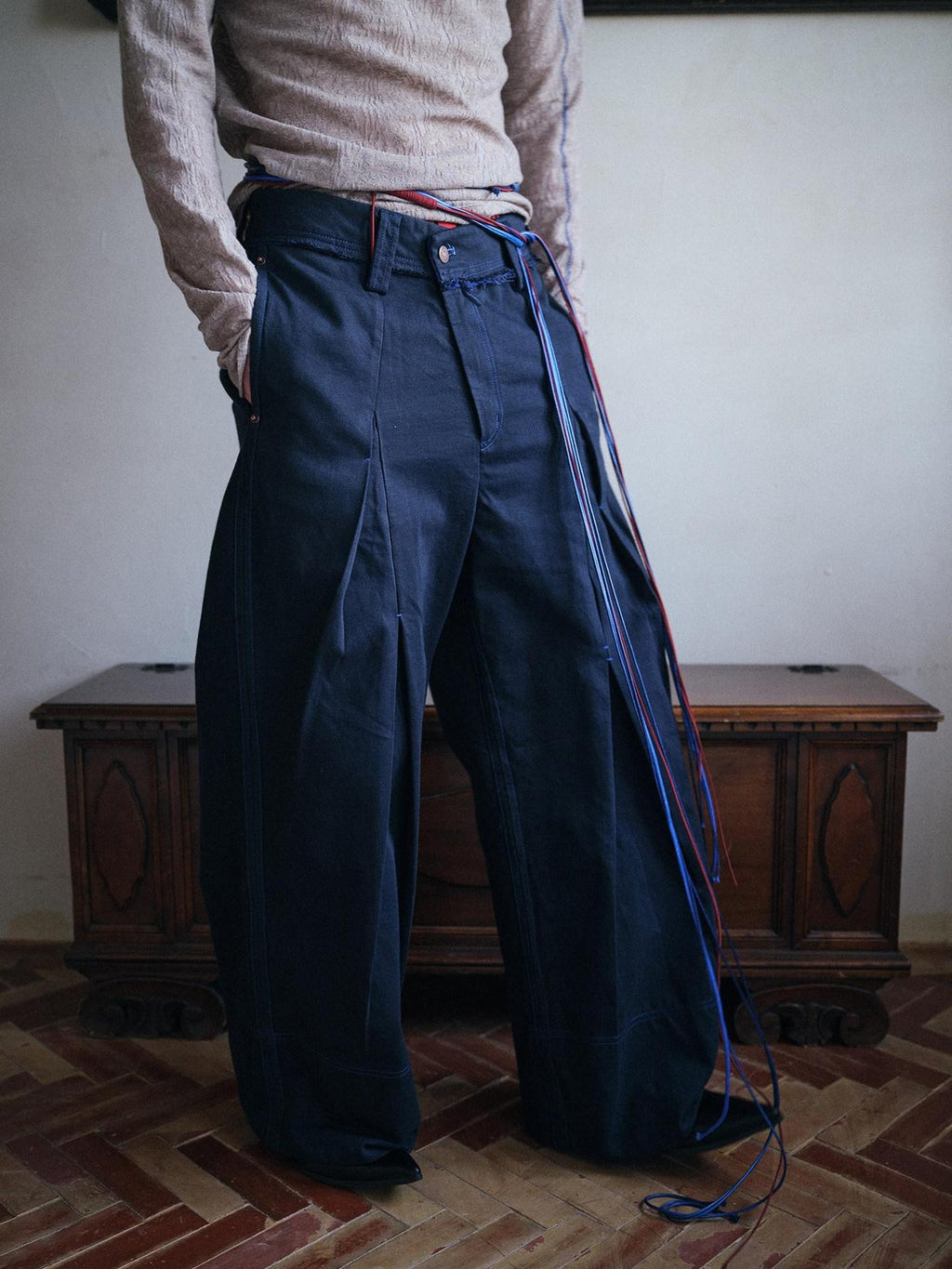 soknot Deep Lake Blue Slanted Button Placket Loose Men's Cotton Straight-leg Pants