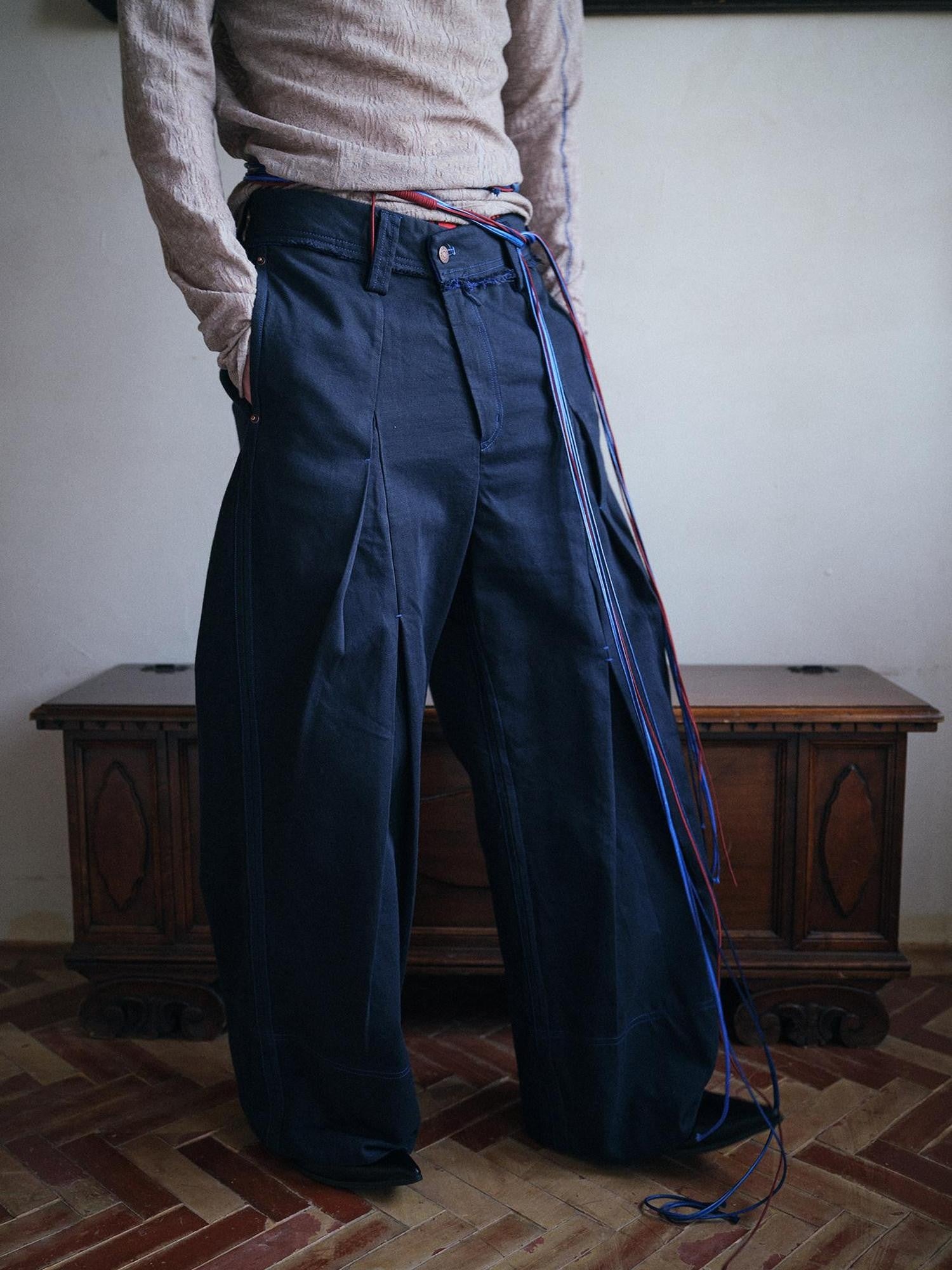 soknot Deep Lake Blue Slanted Button Placket Loose Men's Cotton Straight-leg Pants