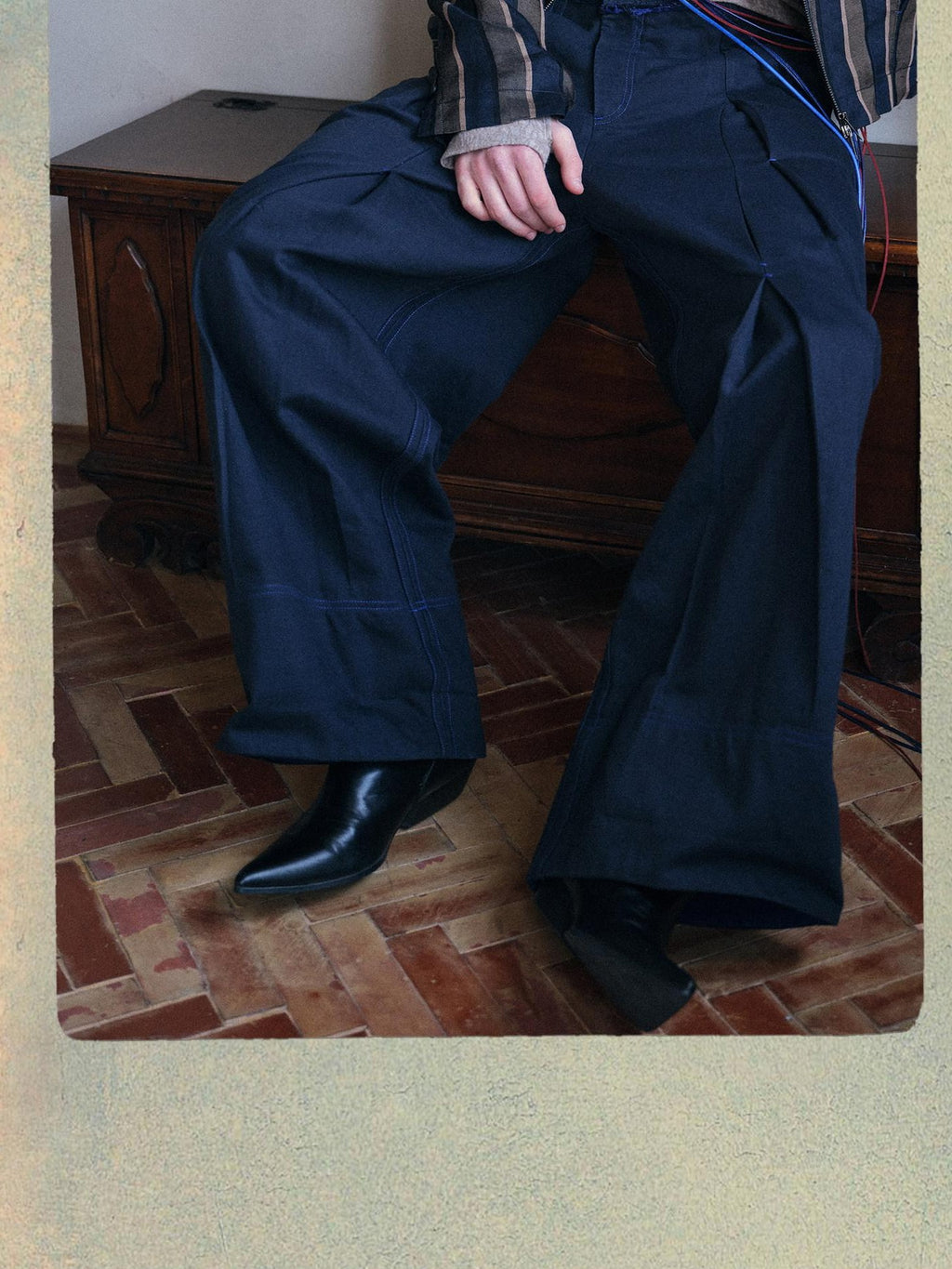 soknot Deep Lake Blue Slanted Button Placket Loose Men's Cotton Straight-leg Pants