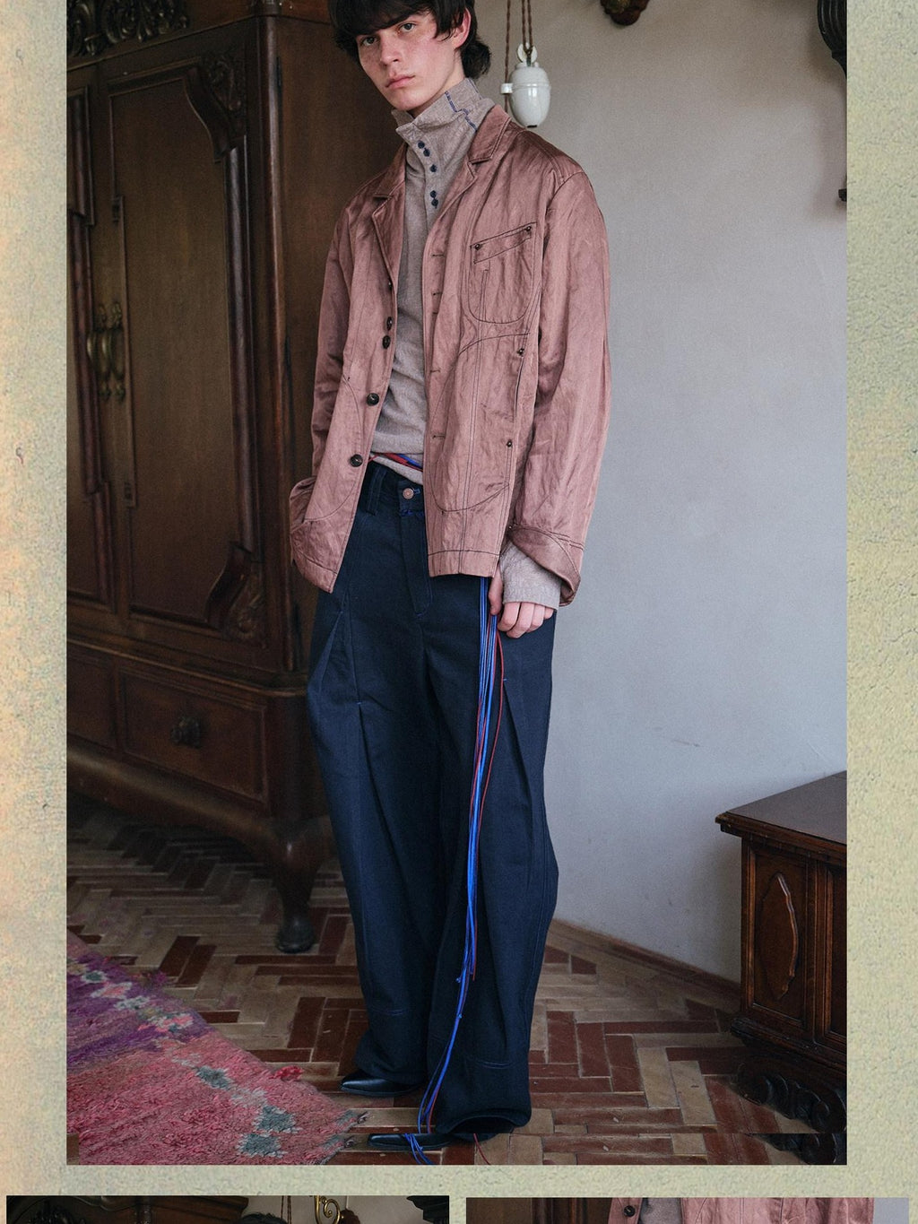 soknot Deep Lake Blue Slanted Button Placket Loose Men's Cotton Straight-leg Pants