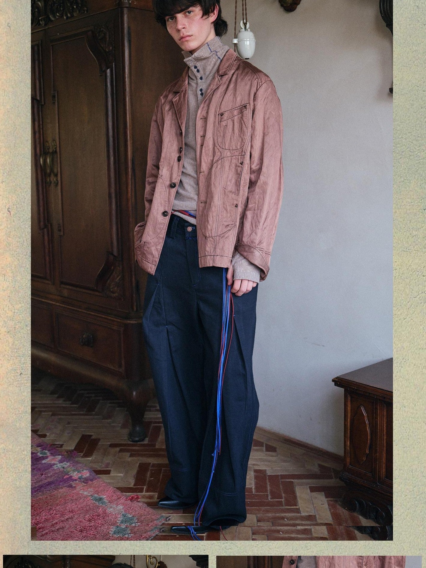 soknot Deep Lake Blue Slanted Button Placket Loose Men's Cotton Straight-leg Pants