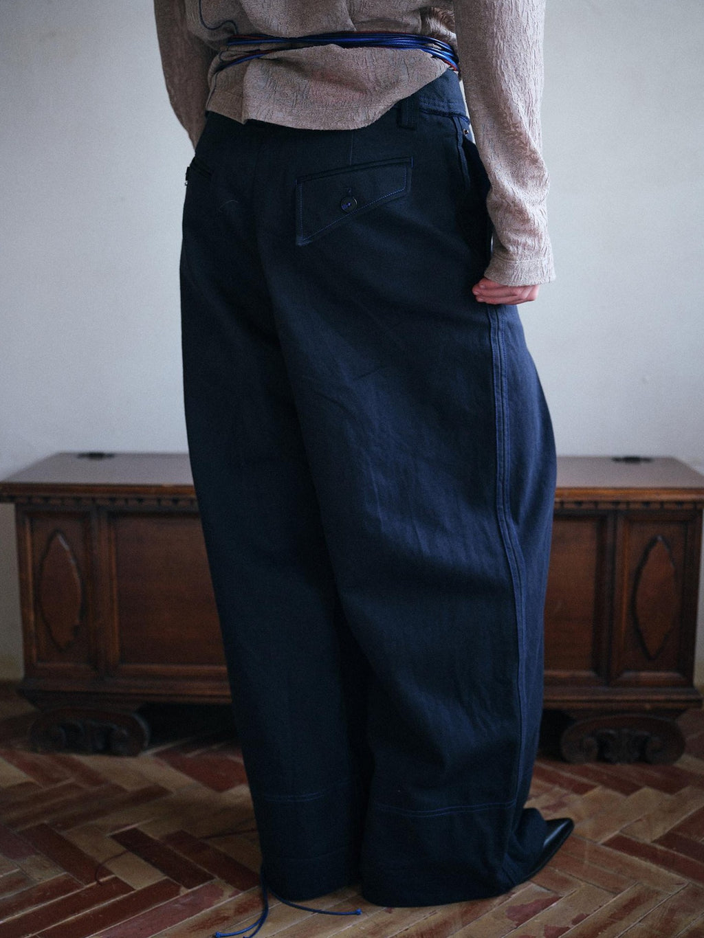 soknot Deep Lake Blue Slanted Button Placket Loose Men's Cotton Straight-leg Pants
