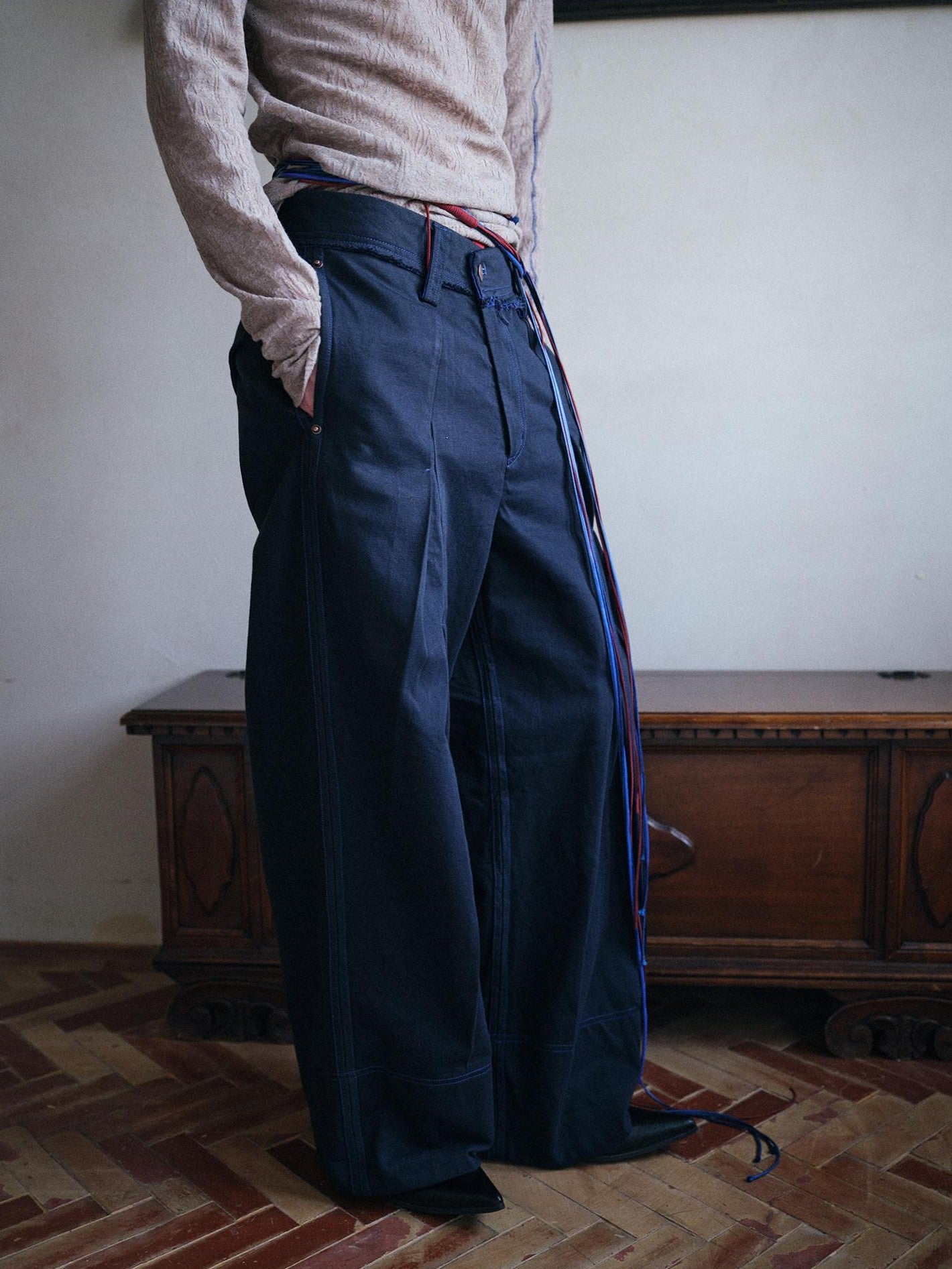 soknot Deep Lake Blue Slanted Button Placket Loose Men's Cotton Straight-leg Pants