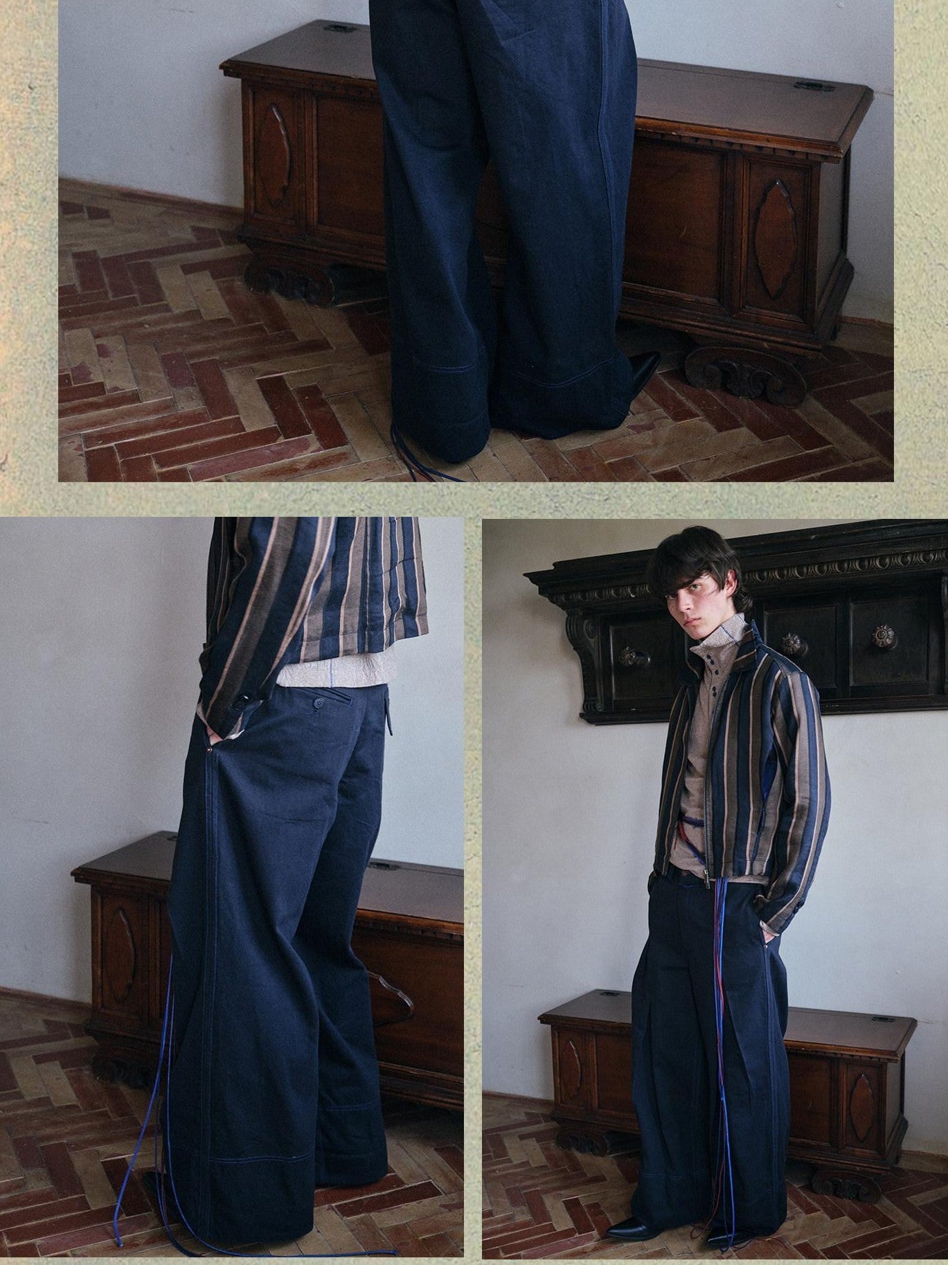soknot Deep Lake Blue Slanted Button Placket Loose Men's Cotton Straight-leg Pants