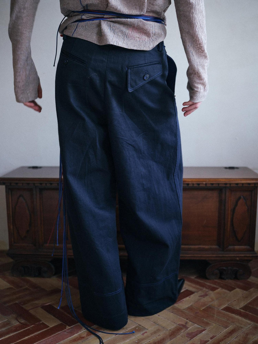 soknot Deep Lake Blue Slanted Button Placket Loose Men's Cotton Straight-leg Pants