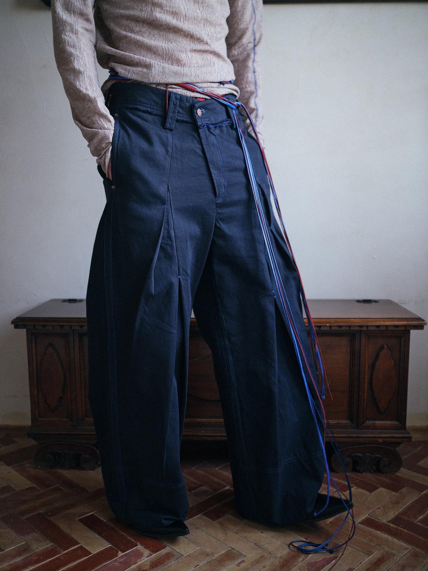 soknot Deep Lake Blue Slanted Button Placket Loose Men's Cotton Straight-leg Pants