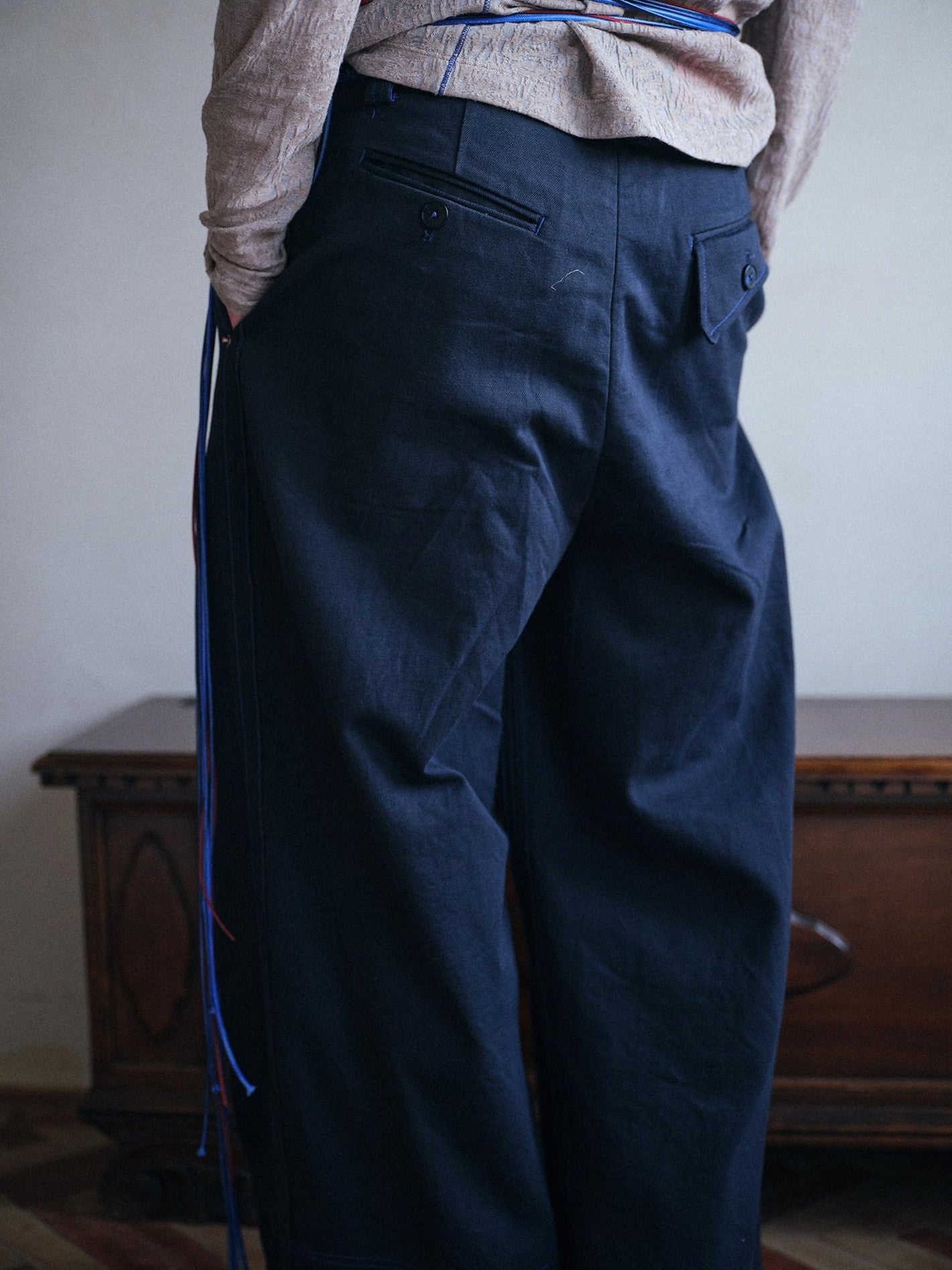 soknot Deep Lake Blue Slanted Button Placket Loose Men's Cotton Straight-leg Pants