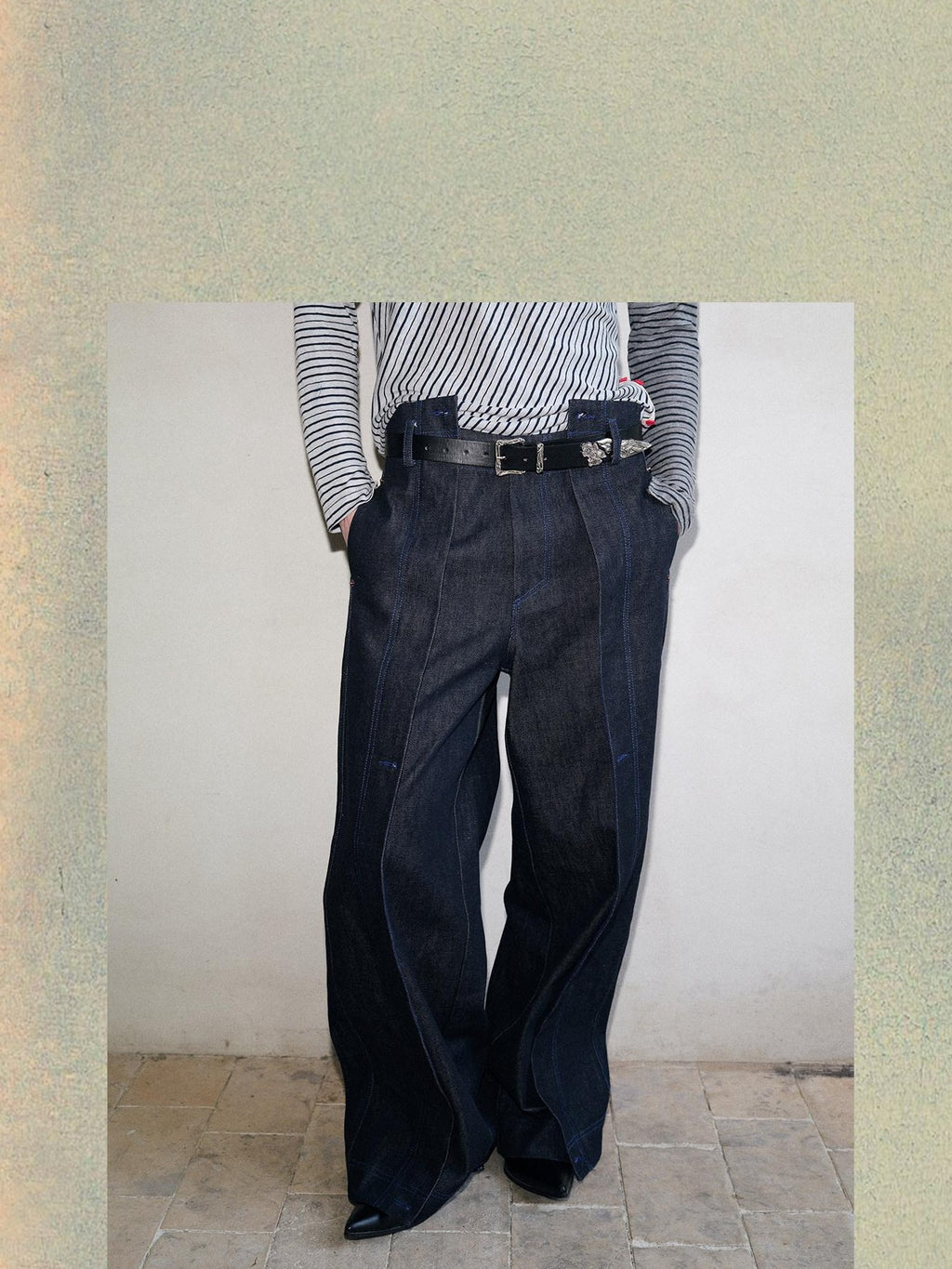 soknot Deep Navy Striped Colorblock Adjustable Mid Rise Men's Cotton Relaxed Jeans