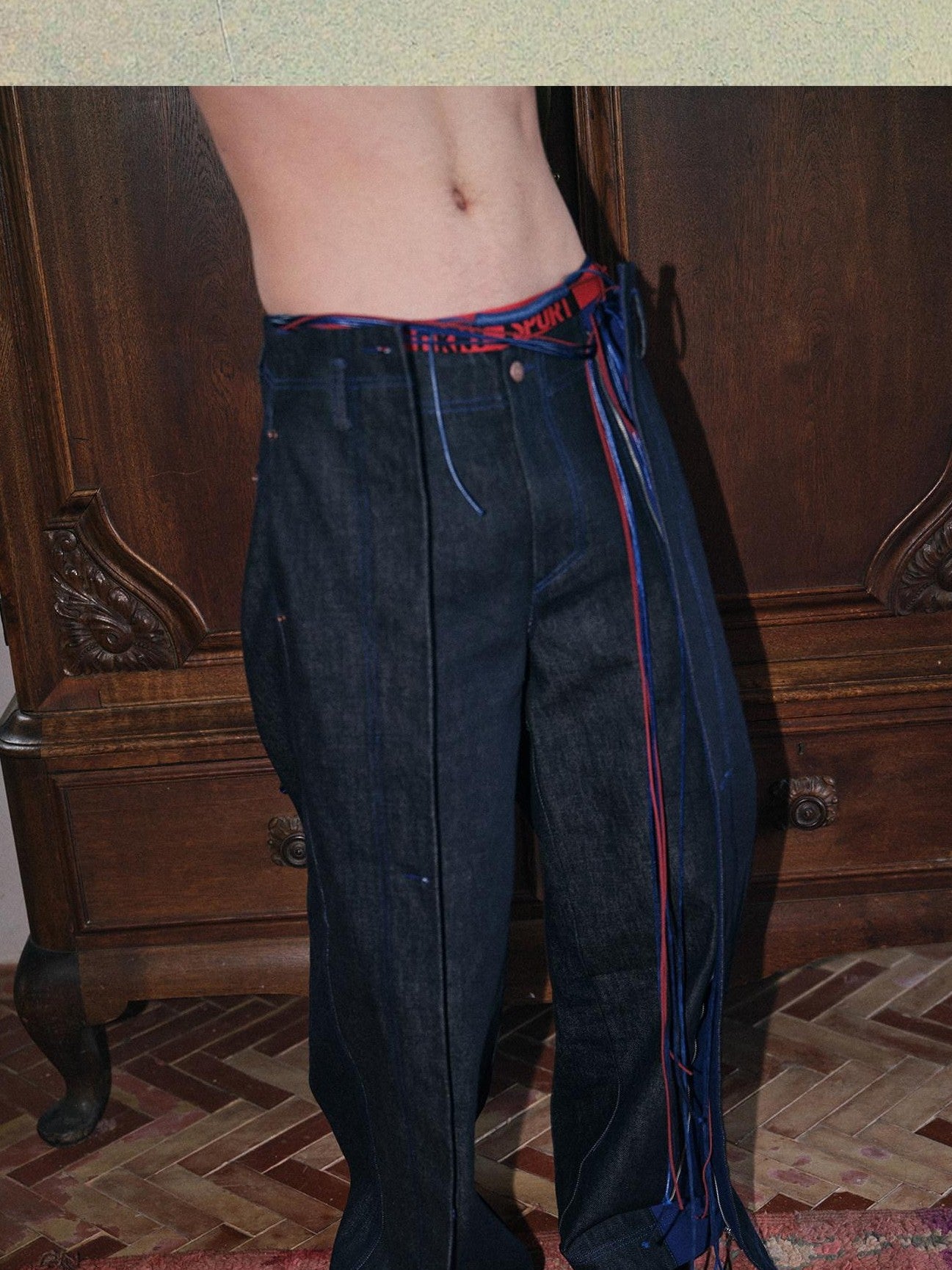 soknot Deep Navy Striped Colorblock Adjustable Mid Rise Men's Cotton Relaxed Jeans