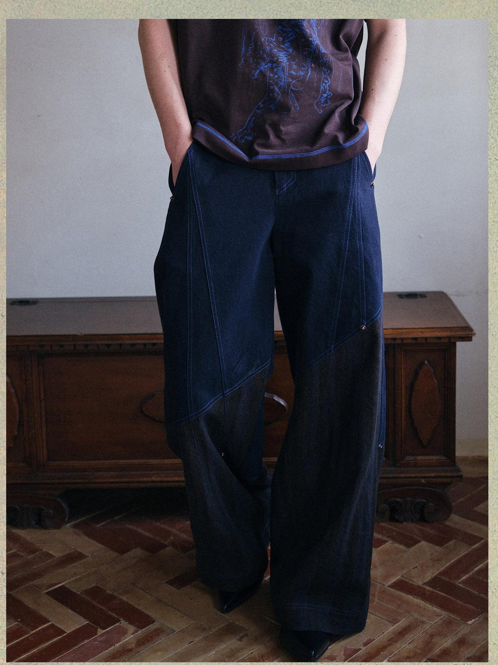soknot Deep Navy Striped Spliced Patchwork Panels Men's Wide-leg Pants