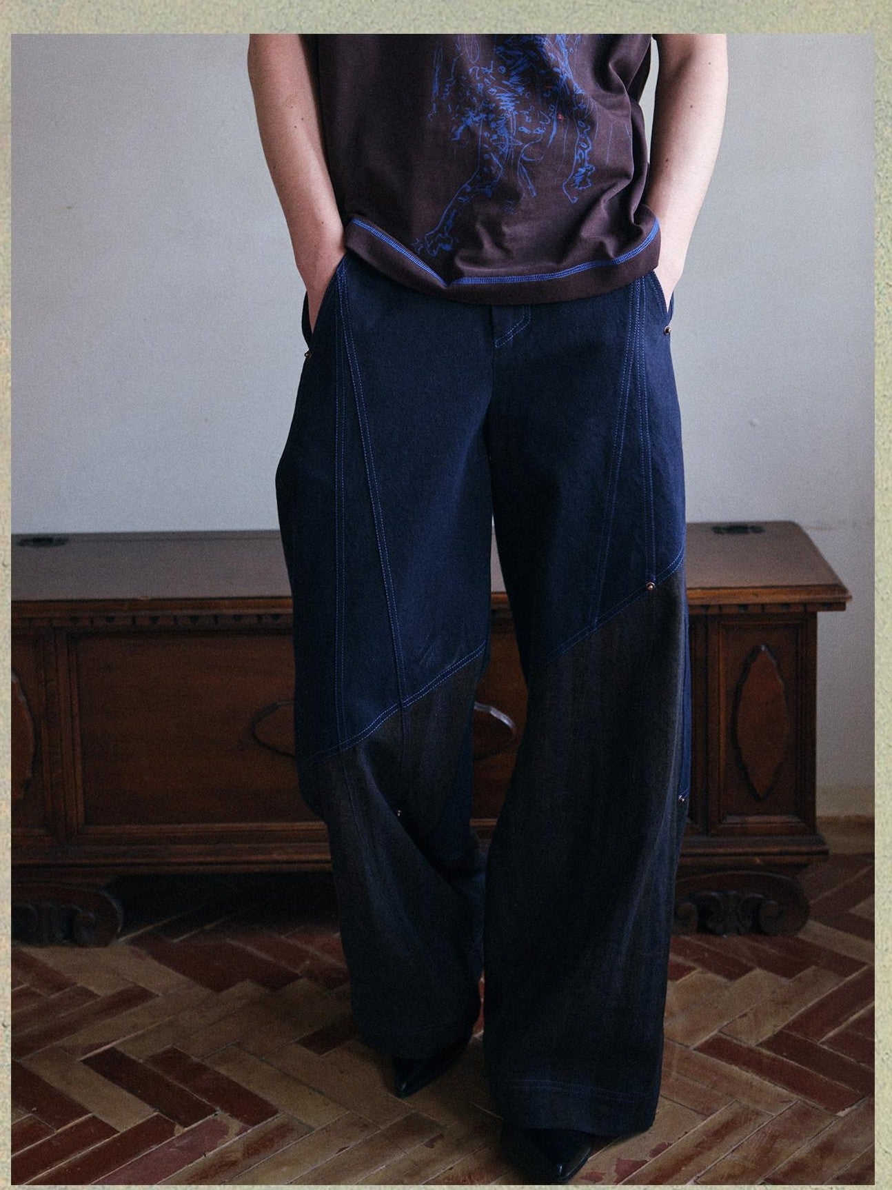 soknot Deep Navy Striped Spliced Patchwork Panels Men's Wide-leg Pants
