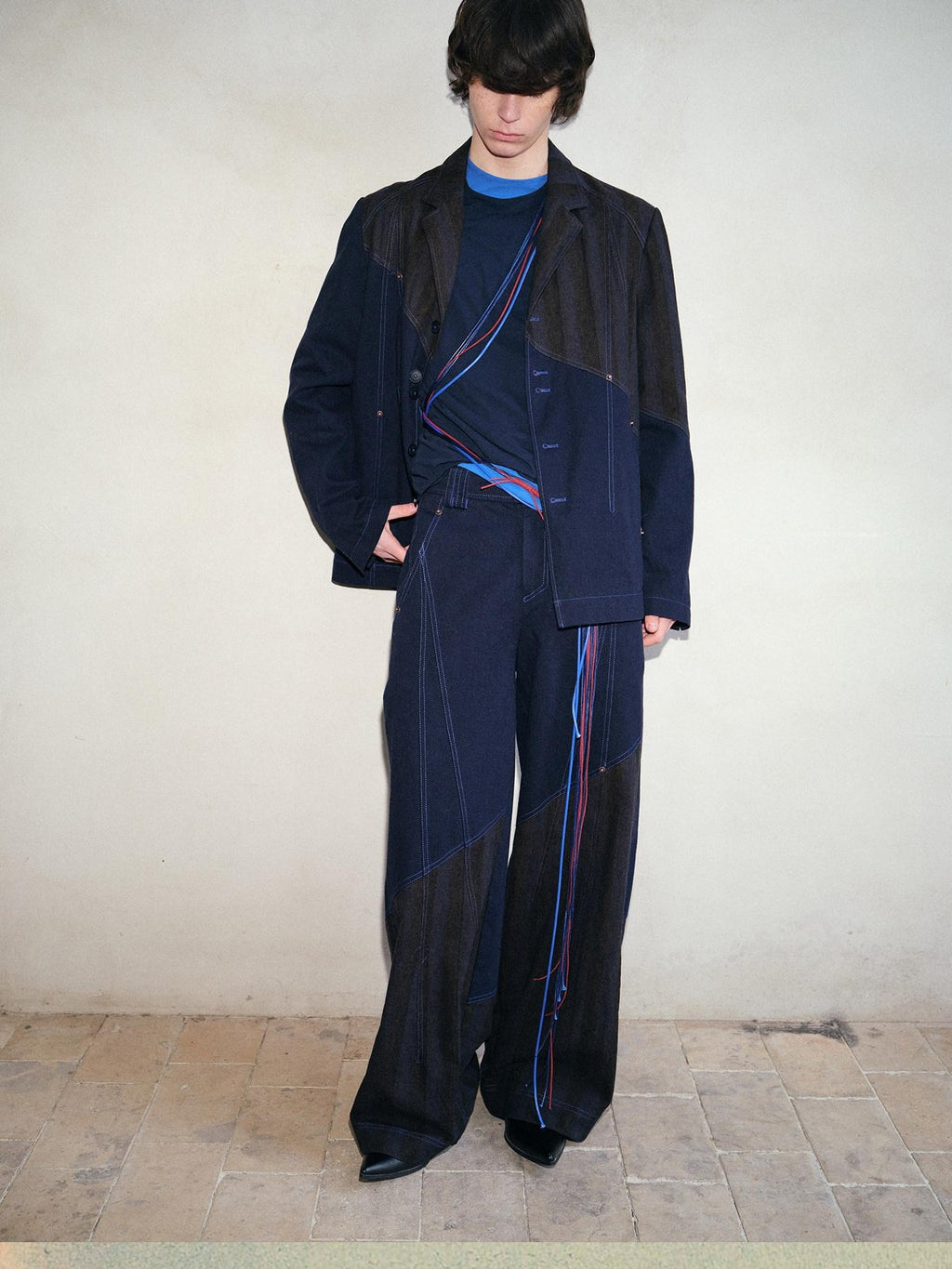 soknot Deep Navy Striped Spliced Patchwork Panels Men's Wide-leg Pants
