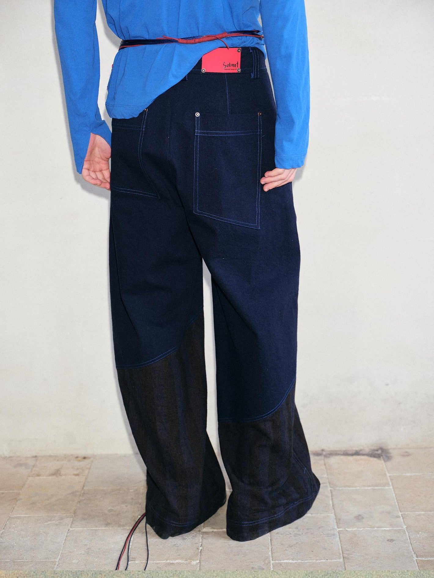 soknot Deep Navy Striped Spliced Patchwork Panels Men's Wide-leg Pants