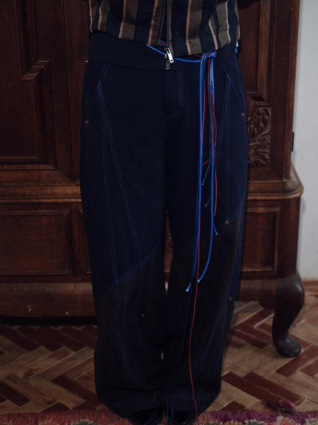 soknot Deep Navy Striped Spliced Patchwork Panels Men's Wide-leg Pants