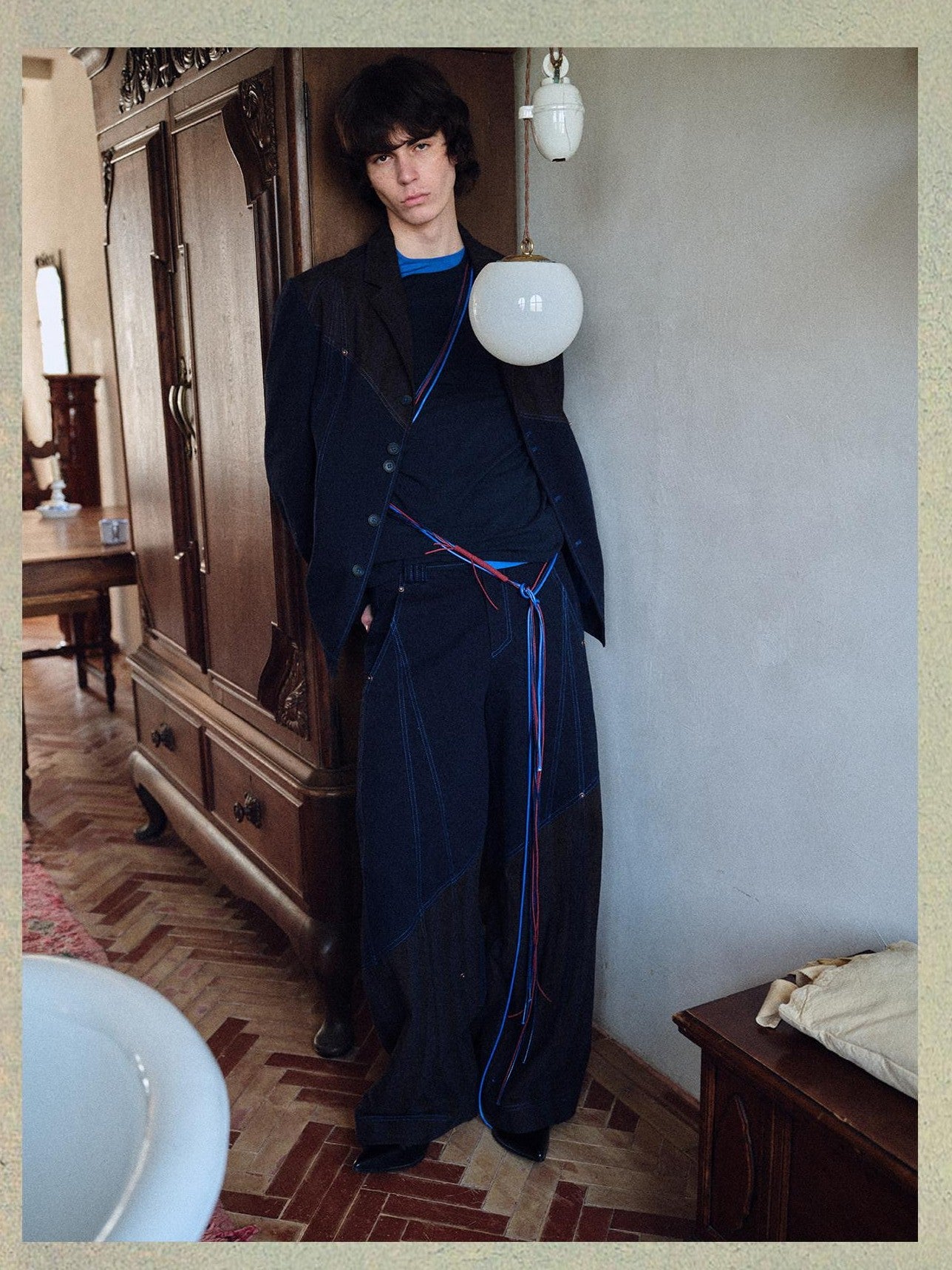 soknot Deep Navy Striped Spliced Patchwork Panels Men's Wide-leg Pants