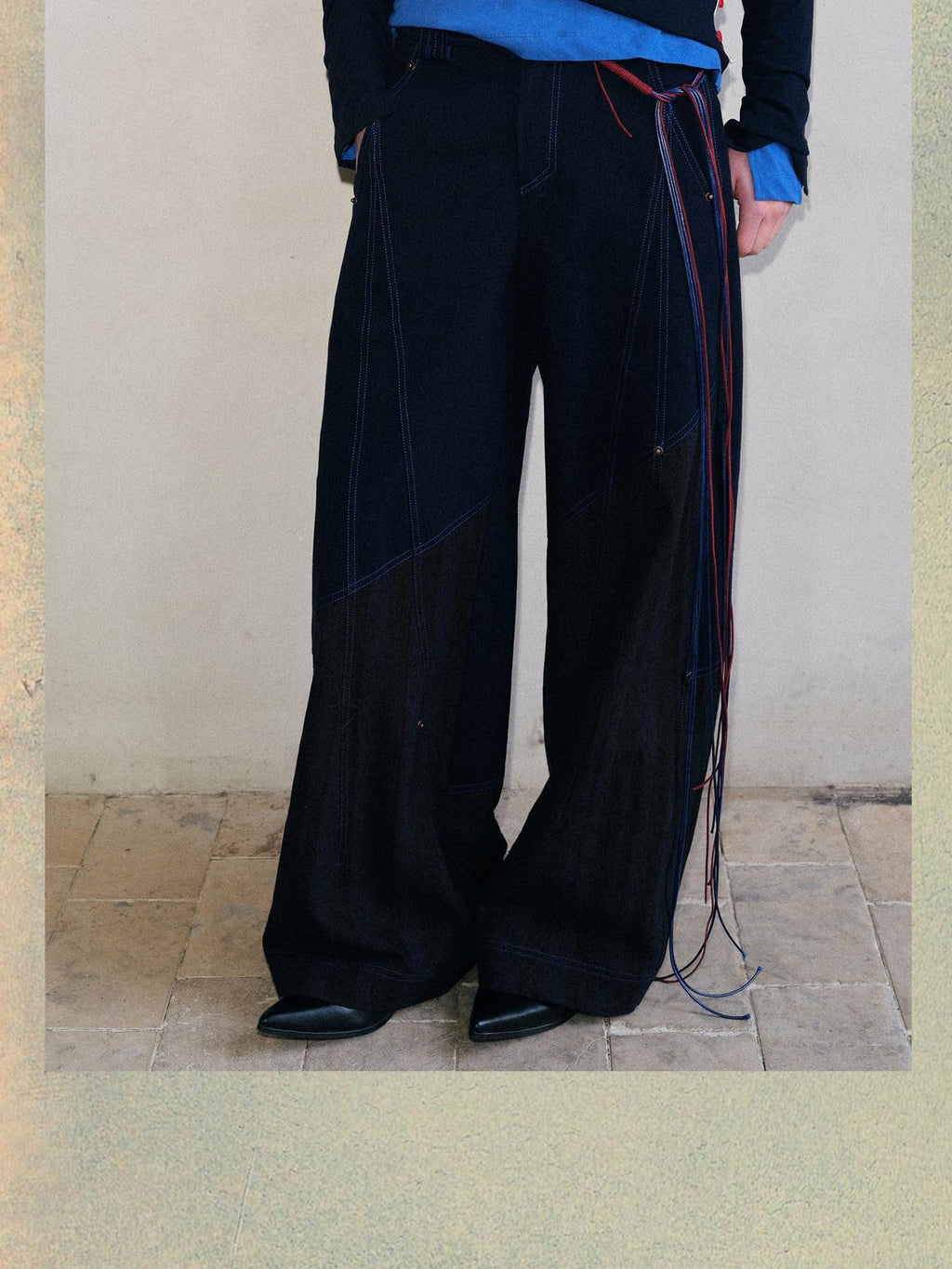 soknot Deep Navy Striped Spliced Patchwork Panels Men's Wide-leg Pants
