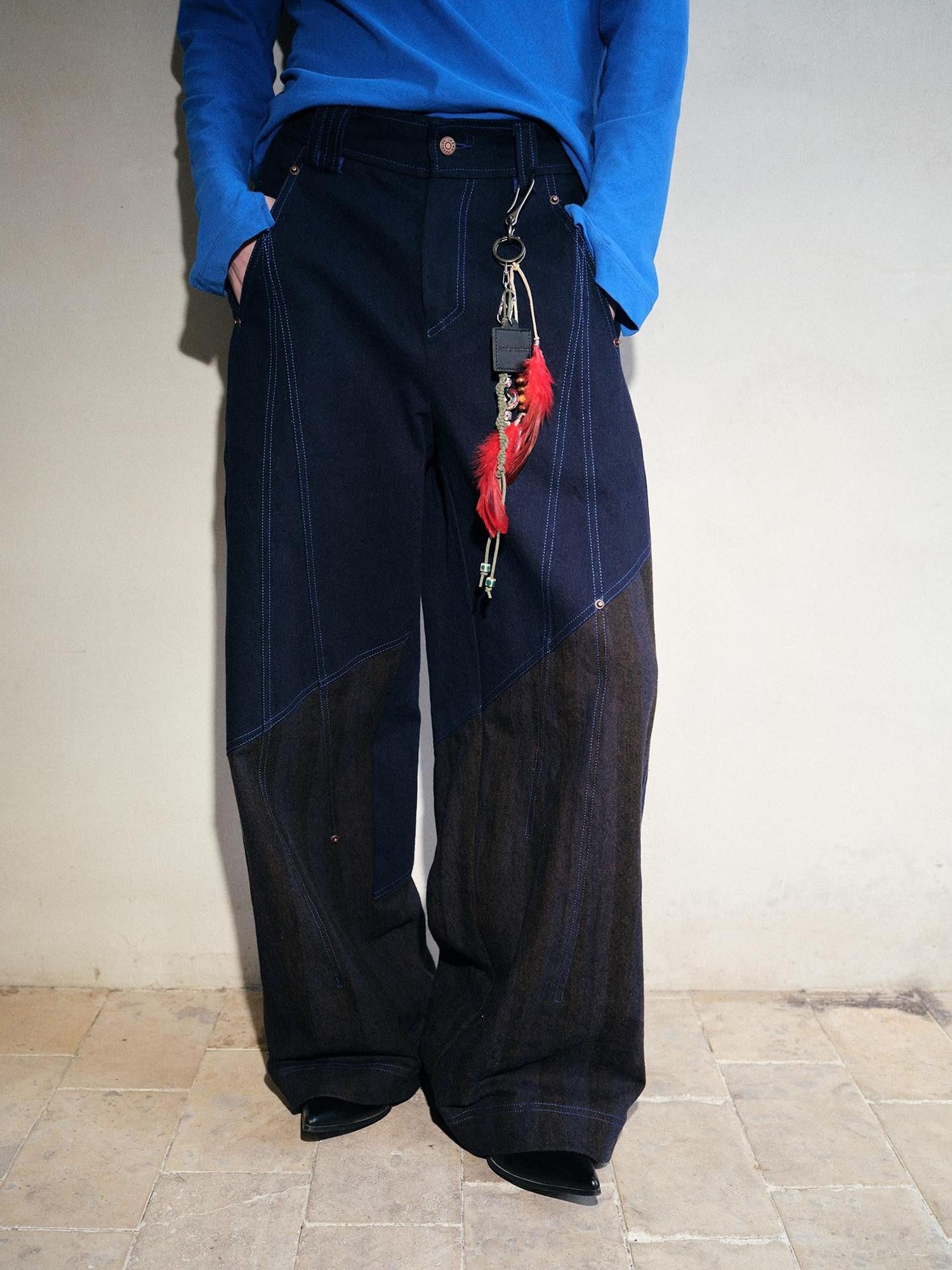 soknot Deep Navy Striped Spliced Patchwork Panels Men's Wide-leg Pants