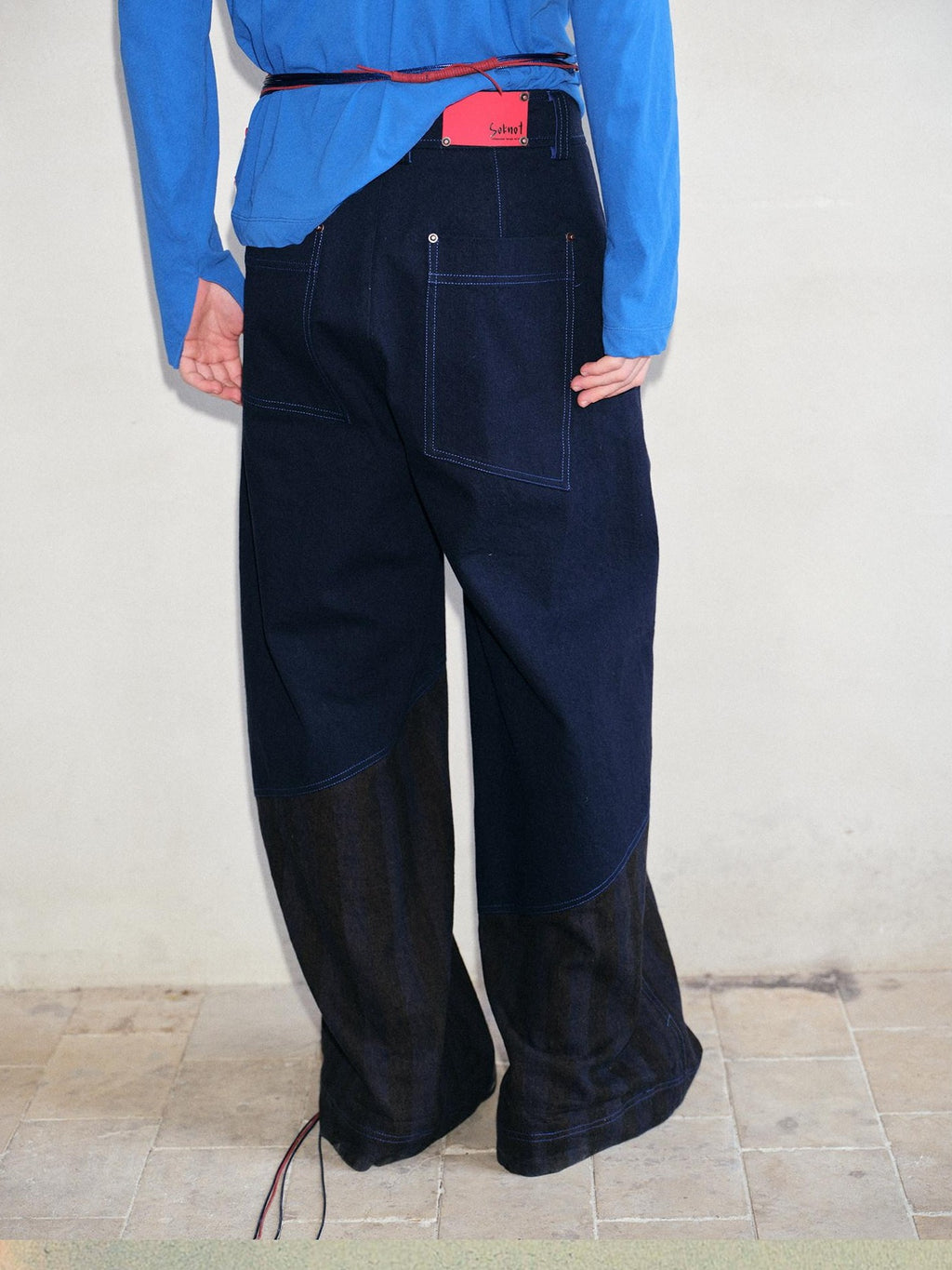 soknot Deep Navy Striped Spliced Patchwork Panels Men's Wide-leg Pants