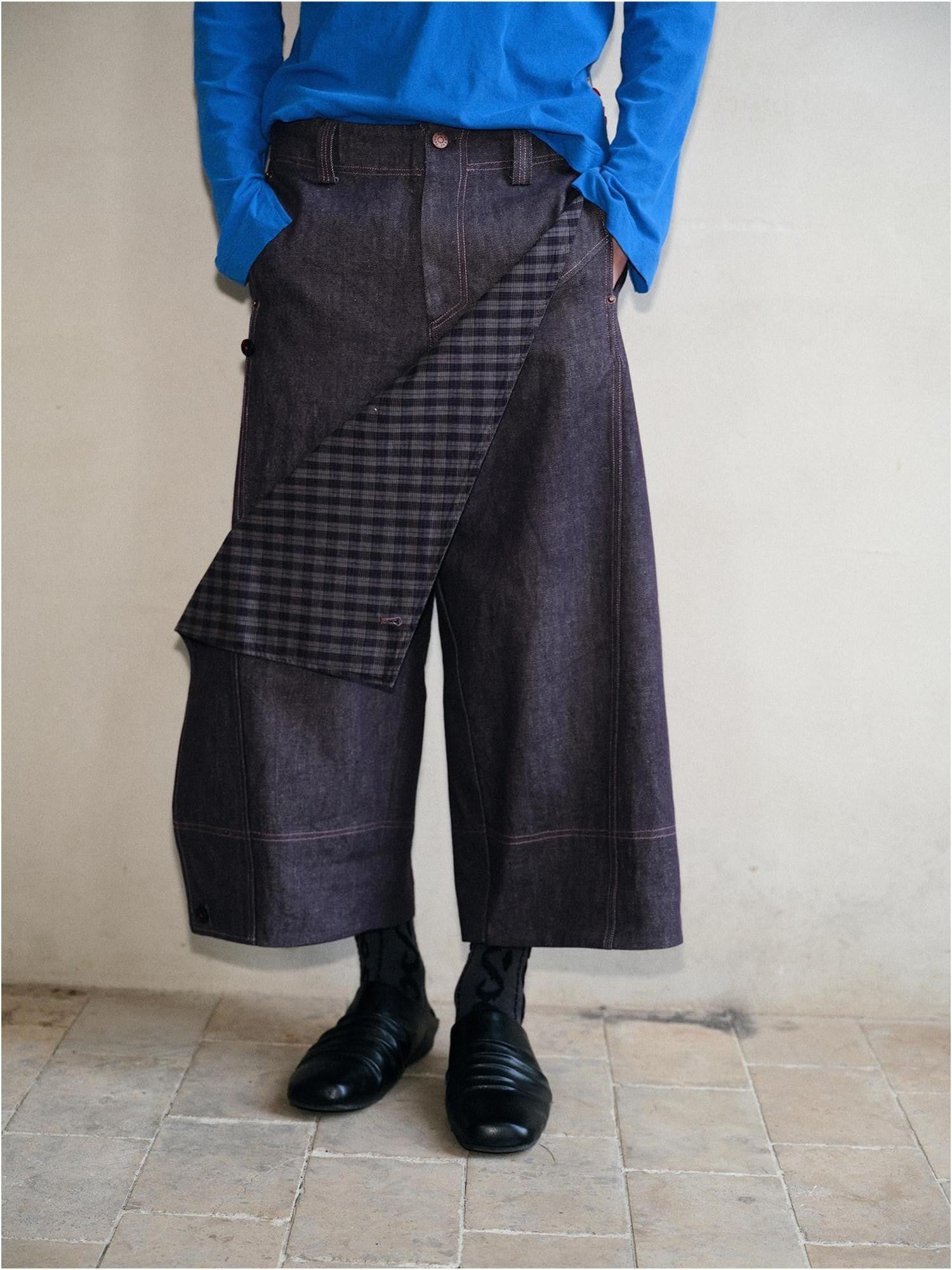 soknot Deep Purple Patchwork Asymmetric Plaid Men's Cotton Hemp Blend Relaxed Jeans
