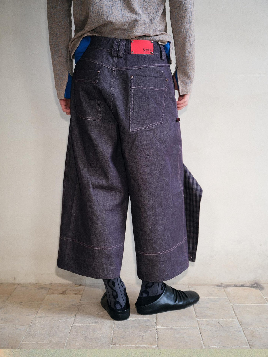 soknot Deep Purple Patchwork Asymmetric Plaid Men's Cotton Hemp Blend Relaxed Jeans