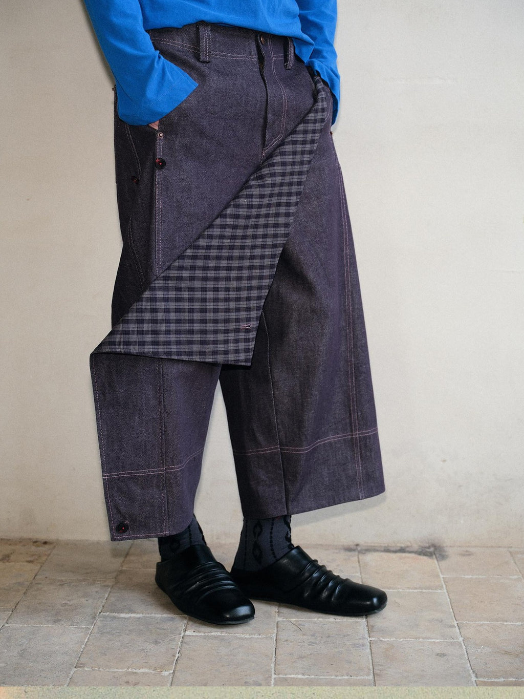 soknot Deep Purple Patchwork Asymmetric Plaid Men's Cotton Hemp Blend Relaxed Jeans