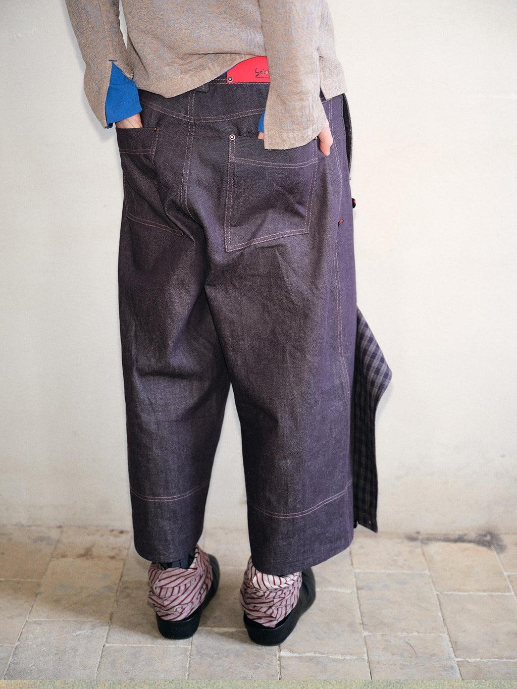 soknot Deep Purple Patchwork Asymmetric Plaid Men's Cotton Hemp Blend Relaxed Jeans