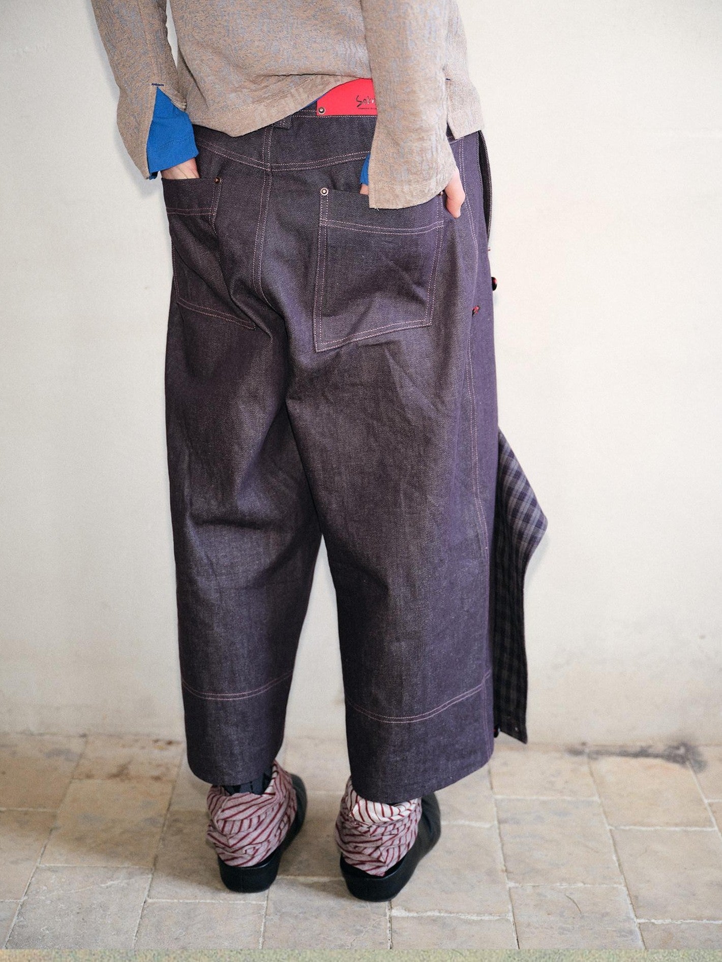 soknot Deep Purple Patchwork Asymmetric Plaid Men's Cotton Hemp Blend Relaxed Jeans