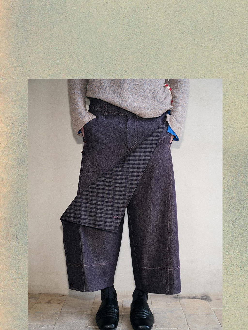 soknot Deep Purple Patchwork Asymmetric Plaid Men's Cotton Hemp Blend Relaxed Jeans
