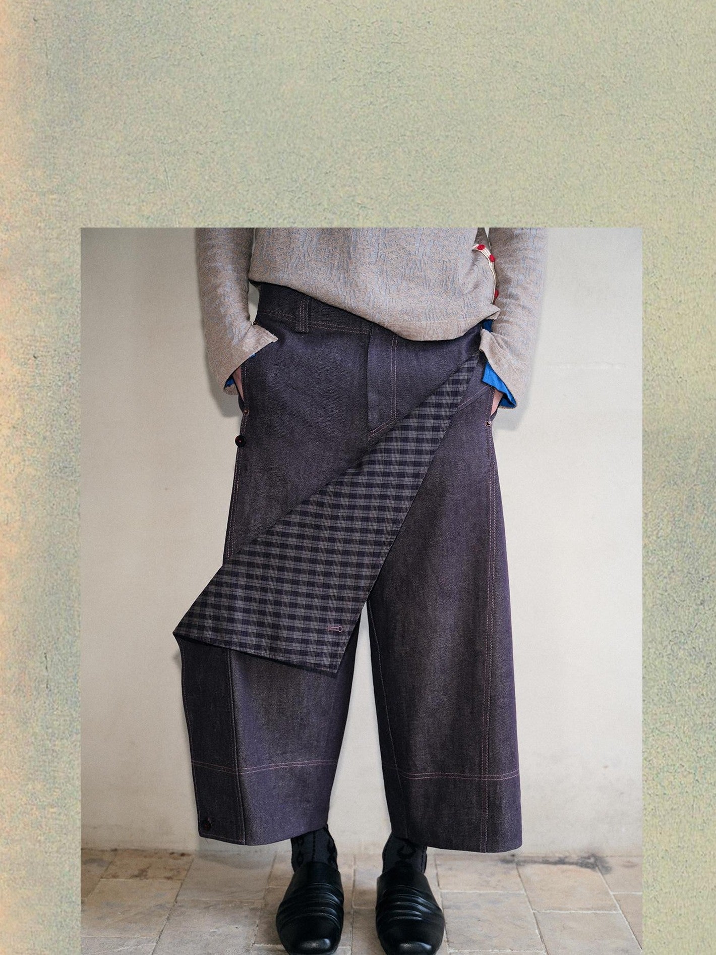 soknot Deep Purple Patchwork Asymmetric Plaid Men's Cotton Hemp Blend Relaxed Jeans