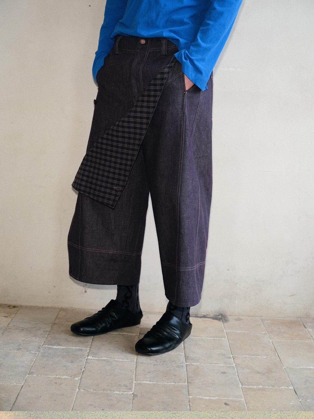 soknot Deep Purple Patchwork Asymmetric Plaid Men's Cotton Hemp Blend Relaxed Jeans