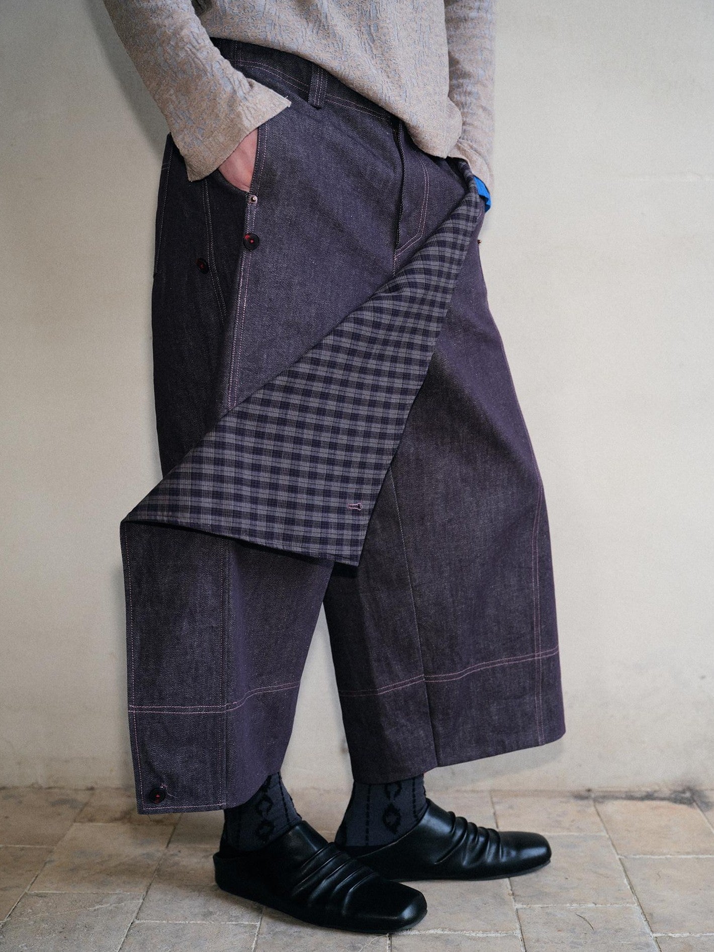 soknot Deep Purple Patchwork Asymmetric Plaid Men's Cotton Hemp Blend Relaxed Jeans