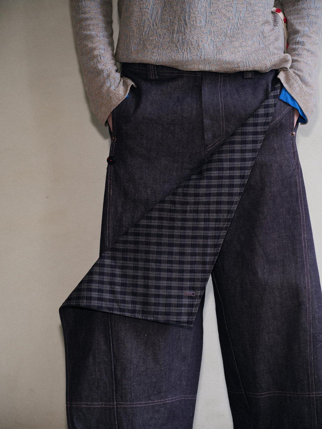soknot Deep Purple Patchwork Asymmetric Plaid Men's Cotton Hemp Blend Relaxed Jeans
