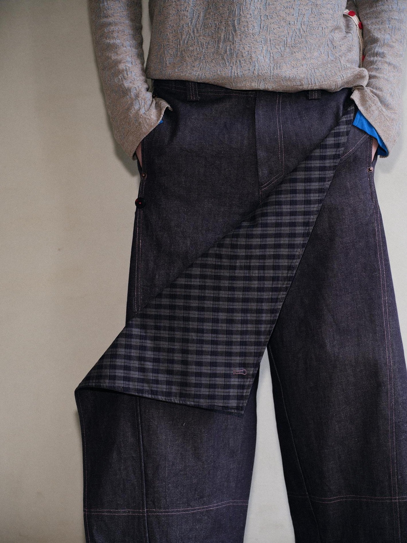 soknot Deep Purple Patchwork Asymmetric Plaid Men's Cotton Hemp Blend Relaxed Jeans