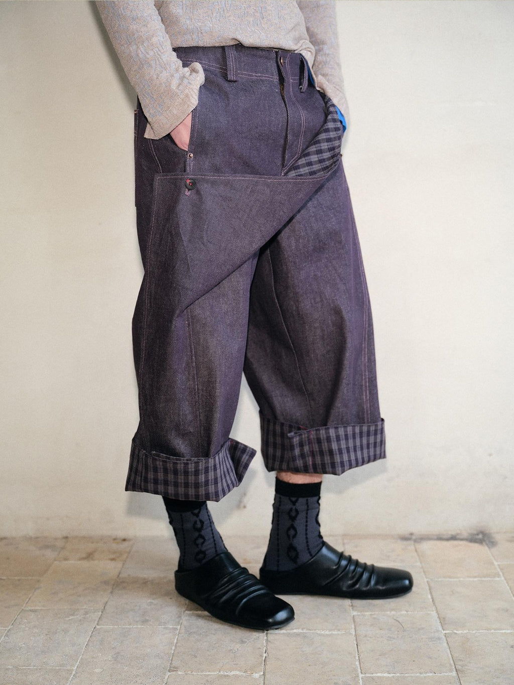 soknot Deep Purple Patchwork Asymmetric Plaid Men's Cotton Hemp Blend Relaxed Jeans