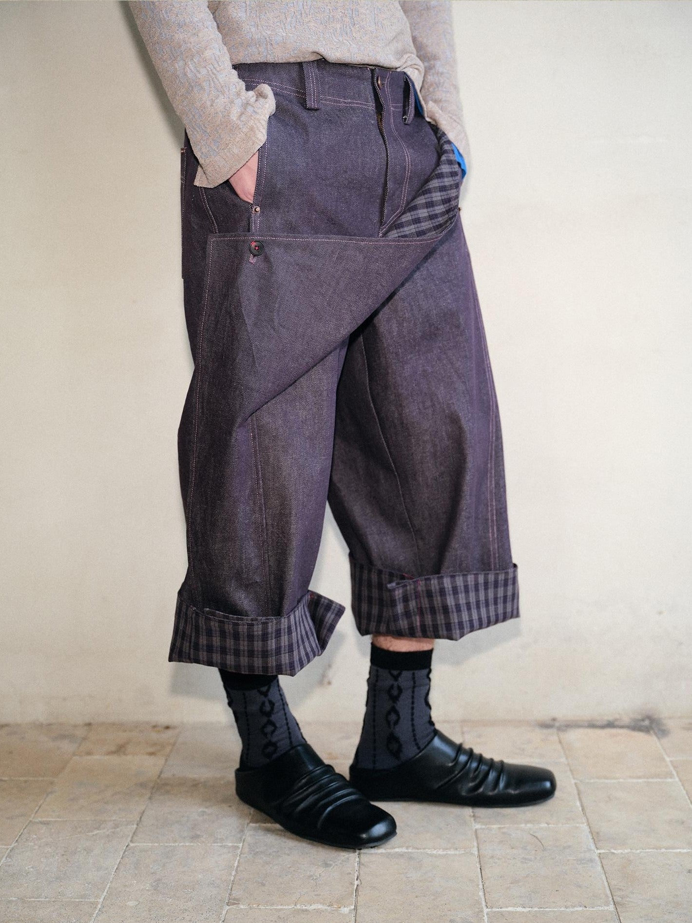 soknot Deep Purple Patchwork Asymmetric Plaid Men's Cotton Hemp Blend Relaxed Jeans