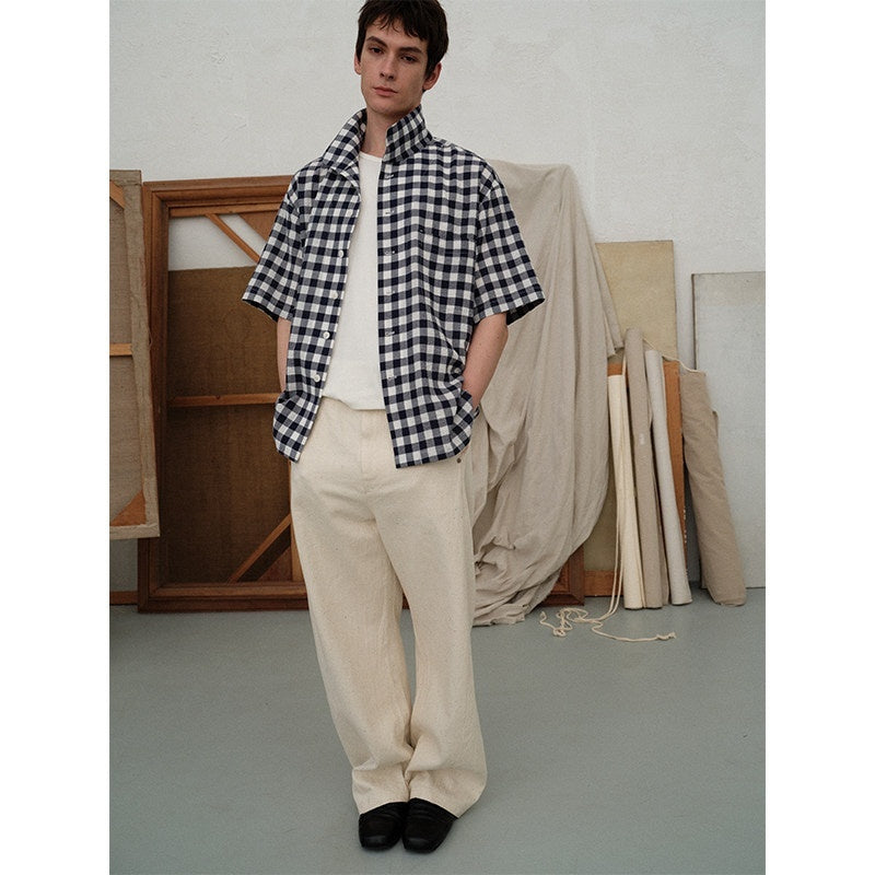 soknot_Designer_Short_Sleeve_Loose_Plaid_Casual_Men's_Cotton_Linen_Flannel_Shirts_MISSTT