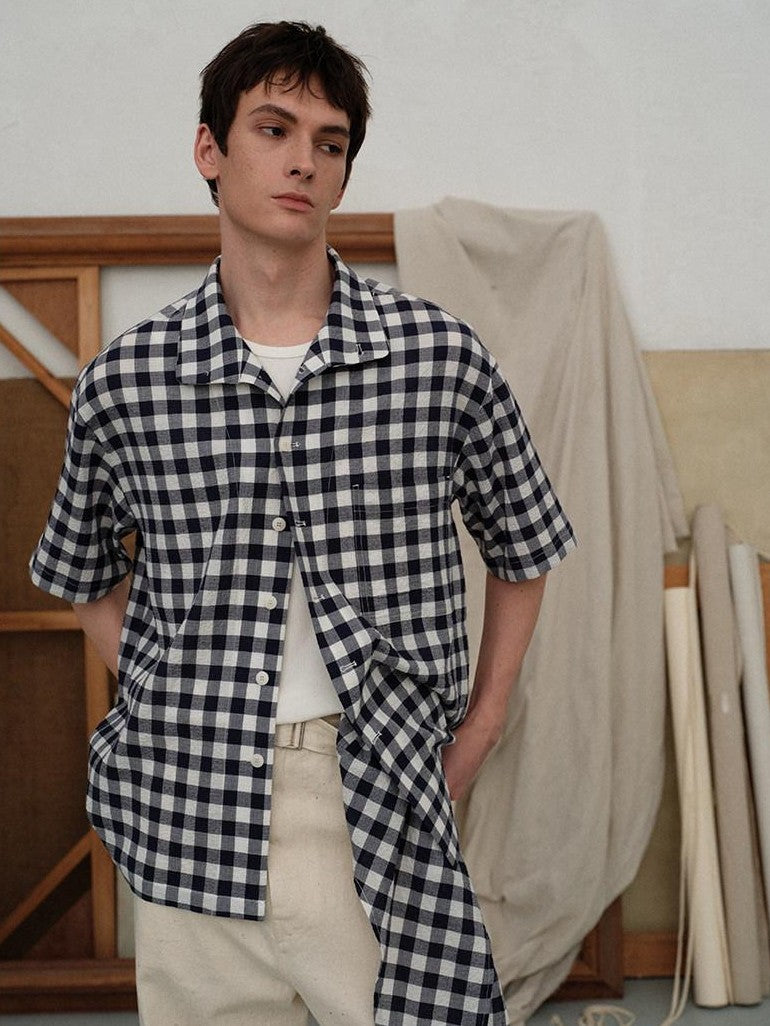 soknot Designer Short Sleeve Loose Plaid Casual Men's Cotton Linen Flannel Shirts