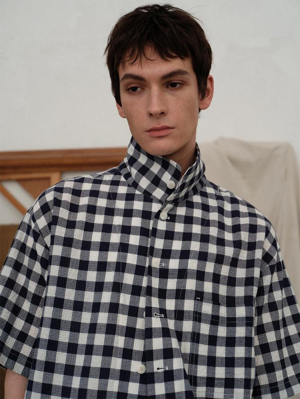 soknot Designer Short Sleeve Loose Plaid Casual Men's Cotton Linen Flannel Shirts