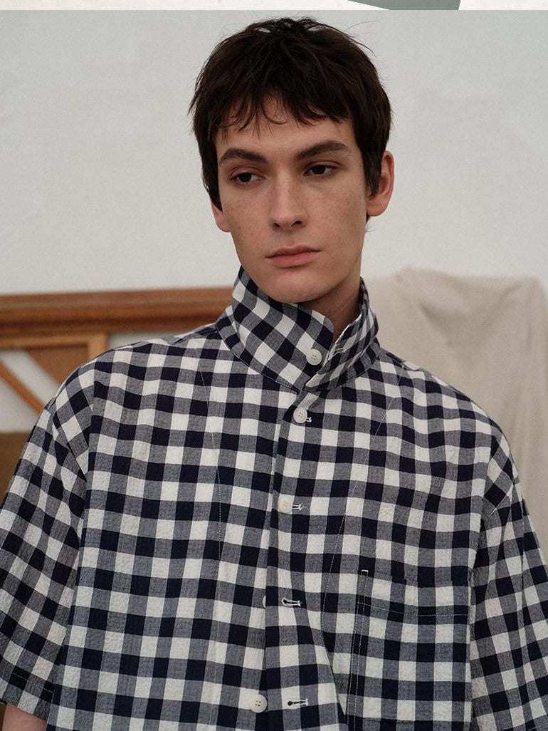 soknot Designer Short Sleeve Loose Plaid Casual Men's Cotton Linen Flannel Shirts