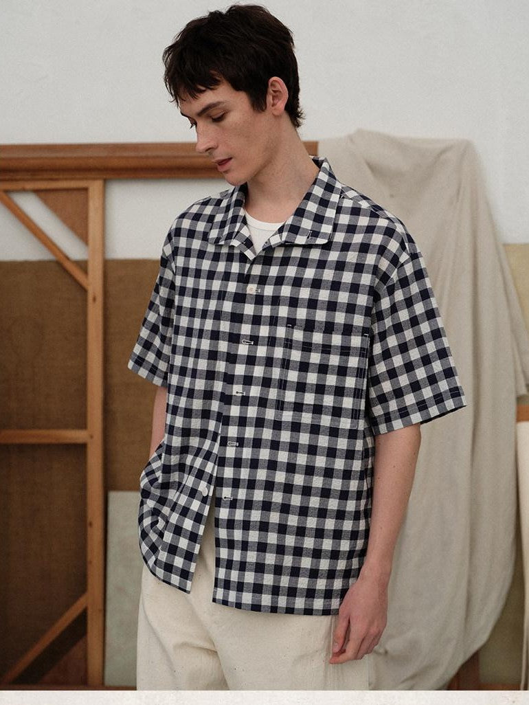 soknot Designer Short Sleeve Loose Plaid Casual Men's Cotton Linen Flannel Shirts