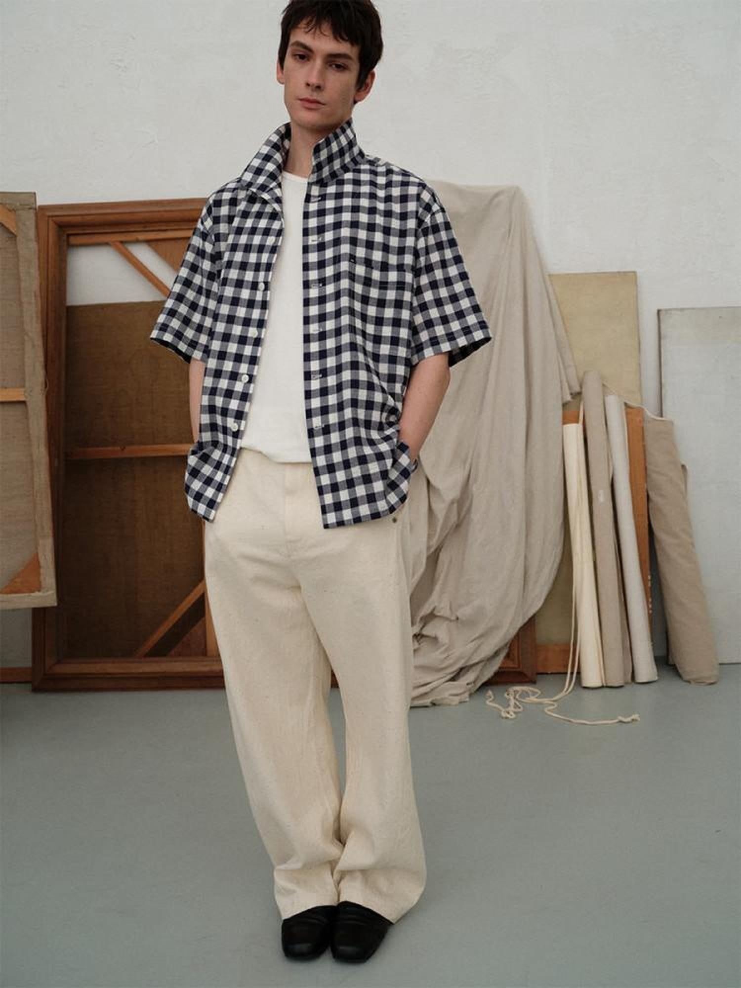 soknot Designer Short Sleeve Loose Plaid Casual Men's Cotton Linen Flannel Shirts