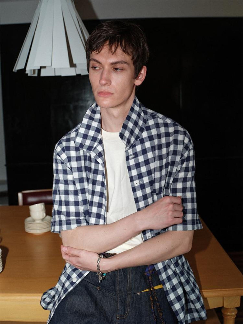 soknot Designer Short Sleeve Loose Plaid Casual Men's Cotton Linen Flannel Shirts
