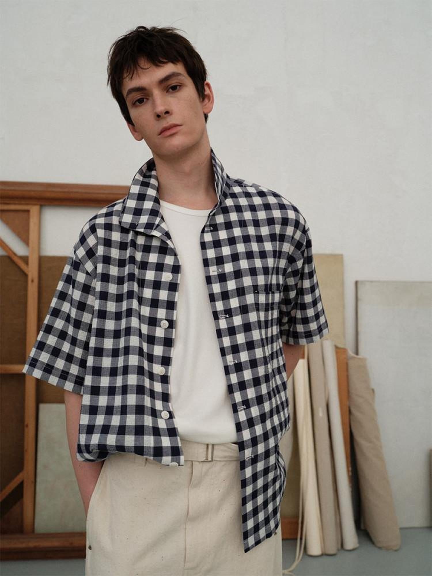 soknot Designer Short Sleeve Loose Plaid Casual Men's Cotton Linen Flannel Shirts