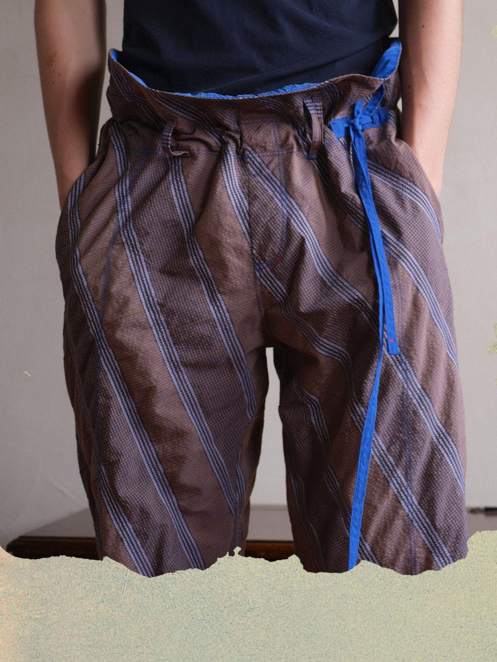 soknot Gray Orange Diagonal Stripe Contrast Turnover Waist Men's Cupro Drawstring Pants