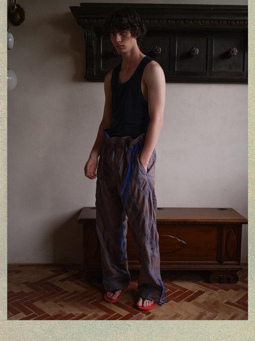 soknot Gray Orange Diagonal Stripe Contrast Turnover Waist Men's Cupro Drawstring Pants