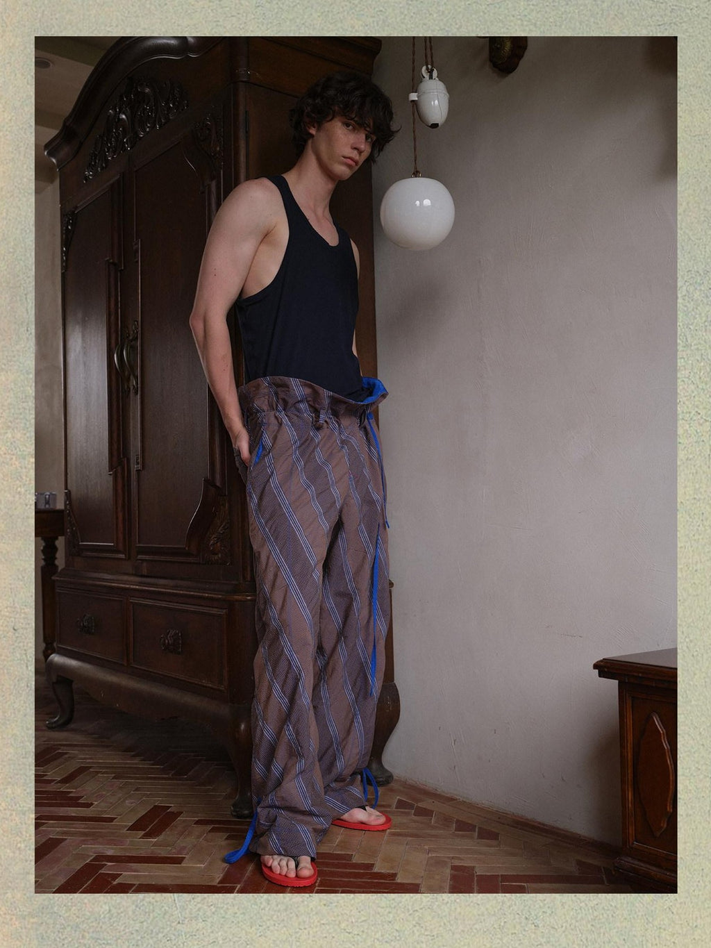 soknot Gray Orange Diagonal Stripe Contrast Turnover Waist Men's Cupro Drawstring Pants