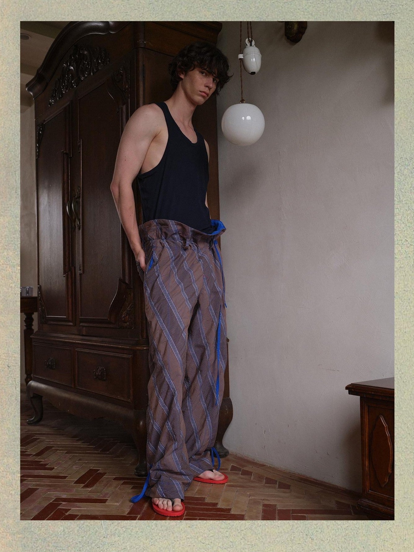 soknot Gray Orange Diagonal Stripe Contrast Turnover Waist Men's Cupro Drawstring Pants