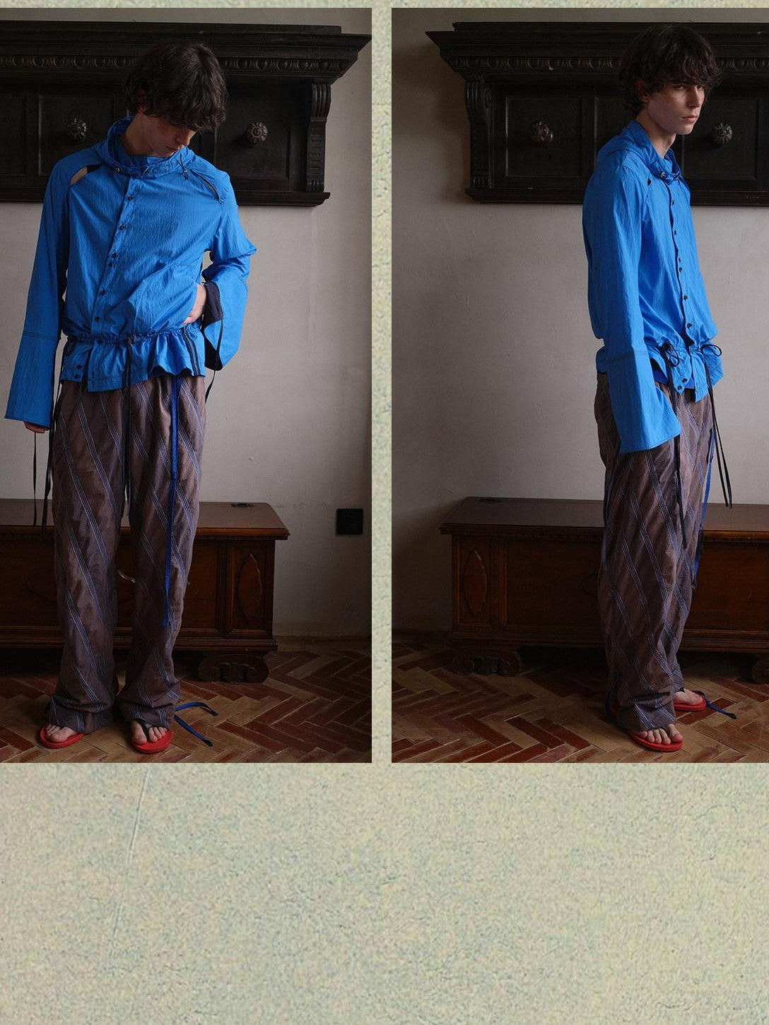 soknot Gray Orange Diagonal Stripe Contrast Turnover Waist Men's Cupro Drawstring Pants